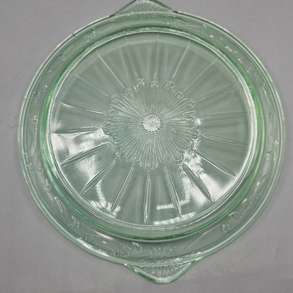 Vintage Uranium US Glass Tendril Platter Plate Glass Green Glows Depression